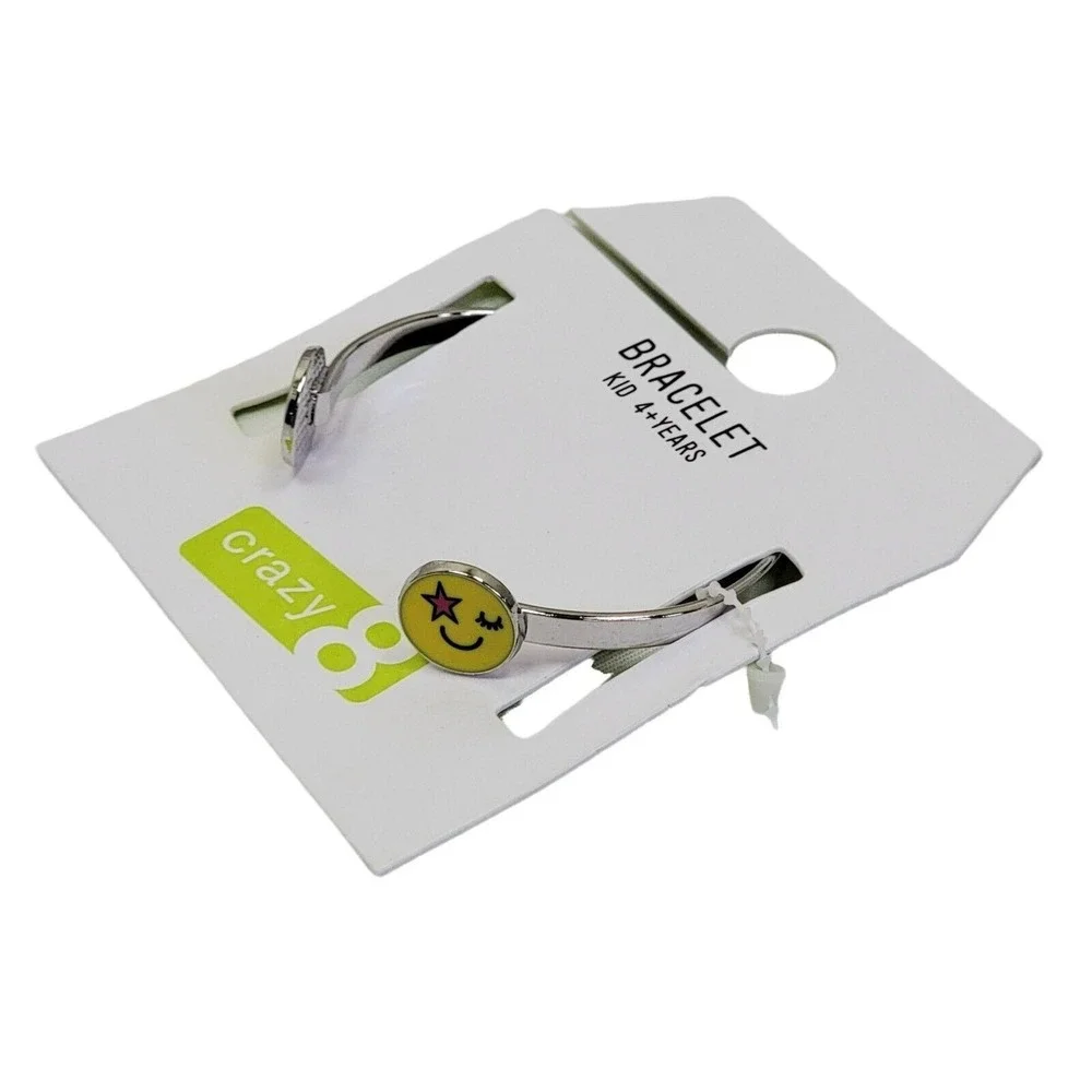 Crazy 8 Emoji Cuff Bracelet Girls Yellow Winking Happy Face Silver Tone Kids
